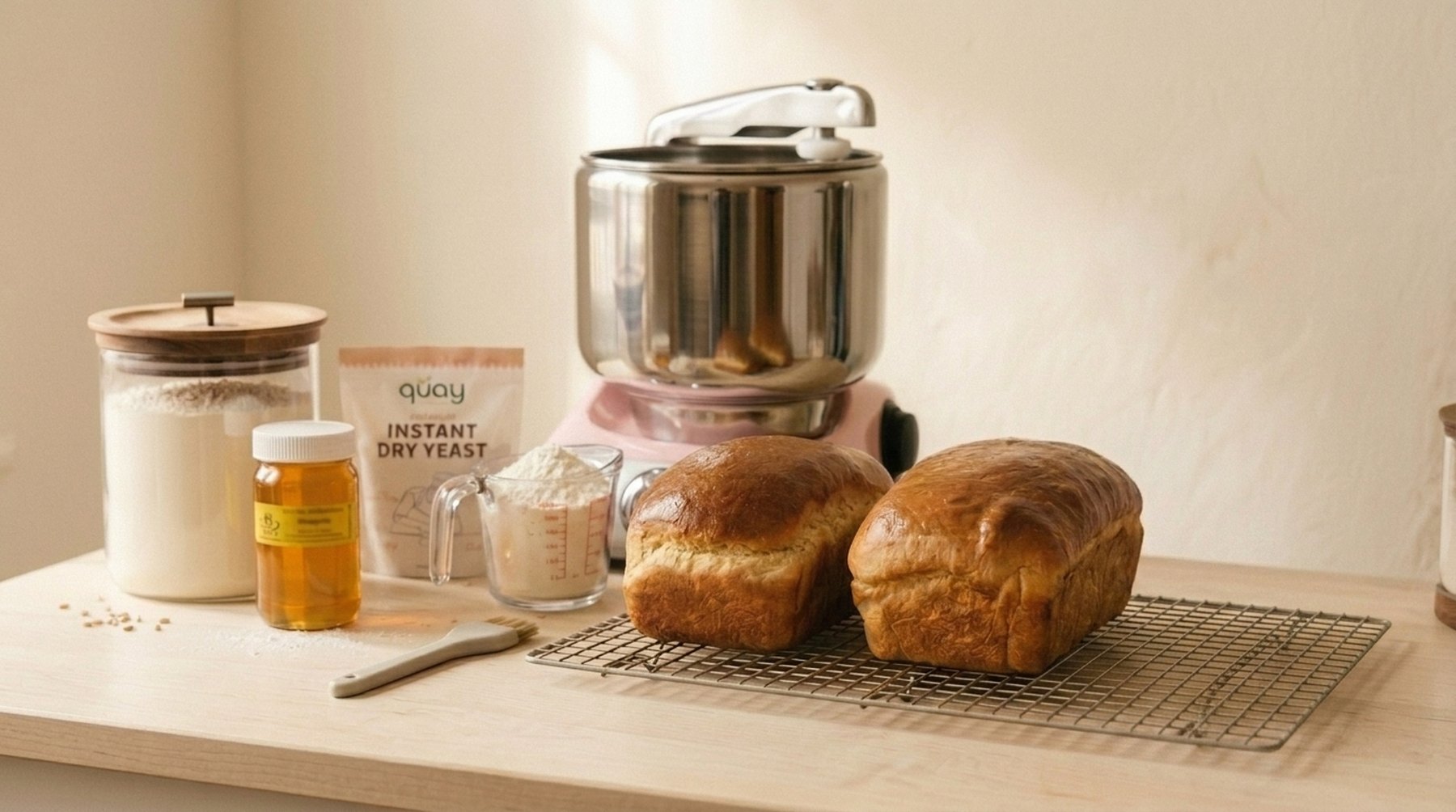 A home kitchen counter with a flour canister, honey, yeast, measuring jug and stand mixer behind finished loaves cooling on a wire rack